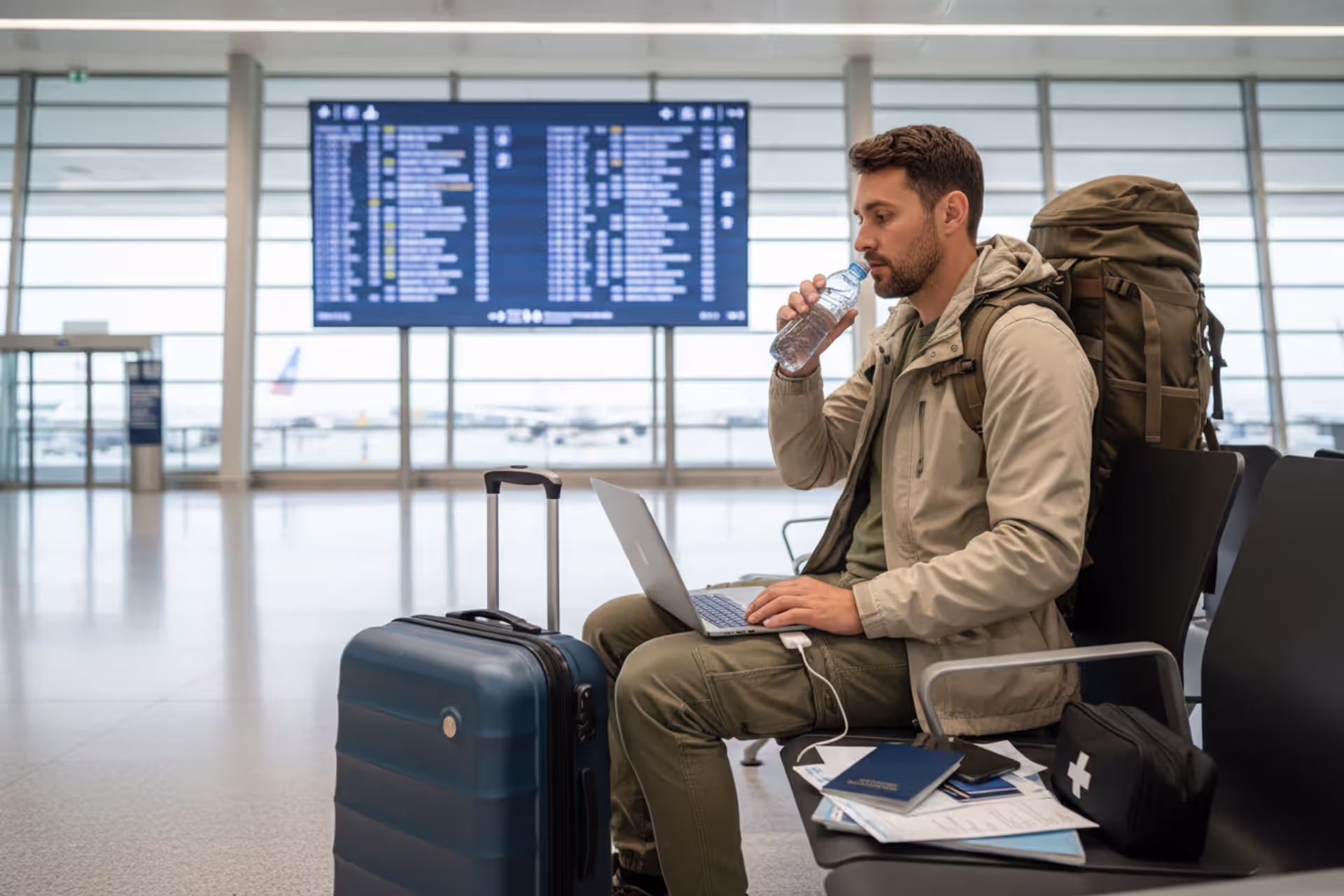 Long-term traveler with backpack and laptop at an international airport