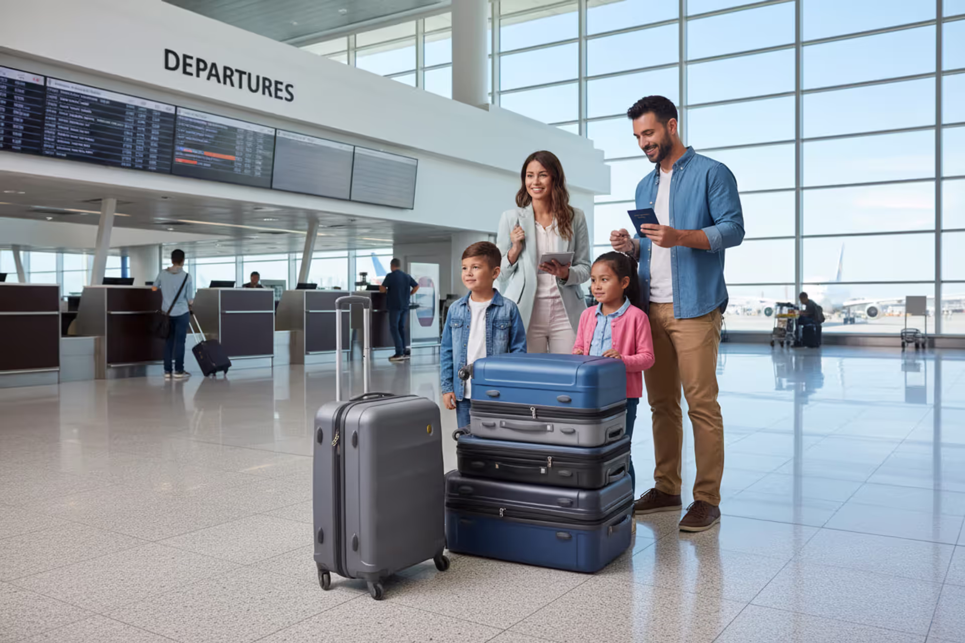 Family at a U.S. airport preparing for a domestic trip with luggage and travel documents