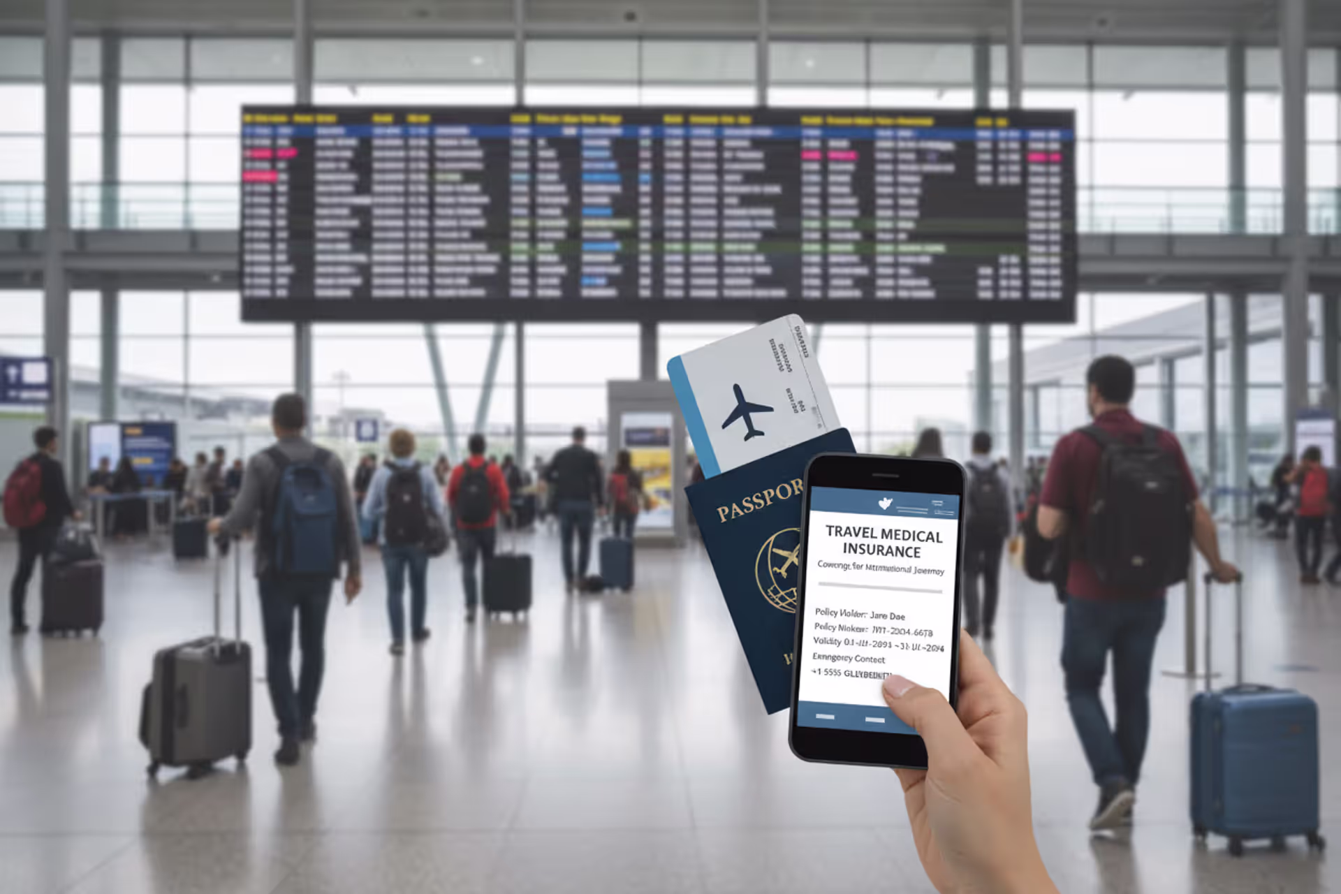 Traveler at an international airport holding passport, boarding pass, and travel medical insurance on smartphone
