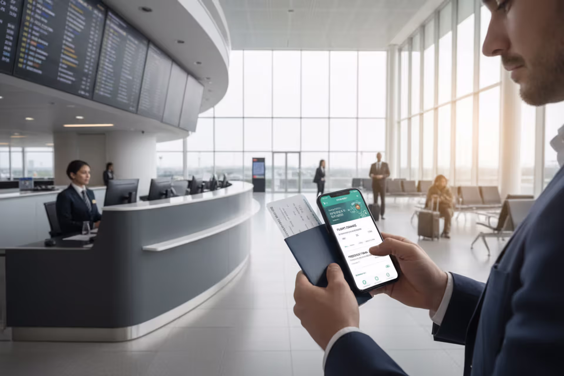 Traveler holding passport, boarding pass, and phone with travel insurance at an airport check-in area