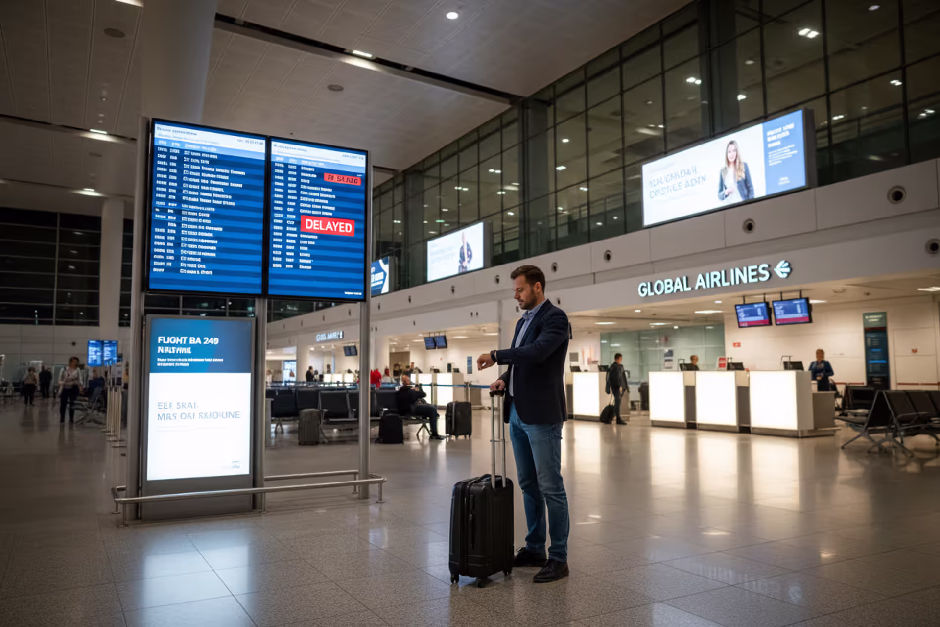 Traveler waiting in an airport after a flight delay