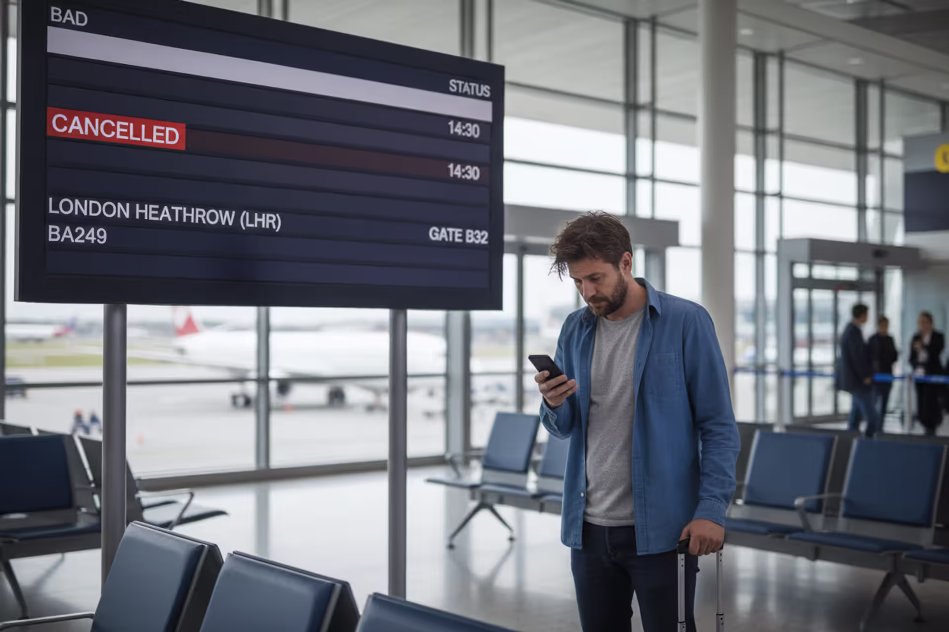 Traveler looking at airport departure board showing cancelled flight