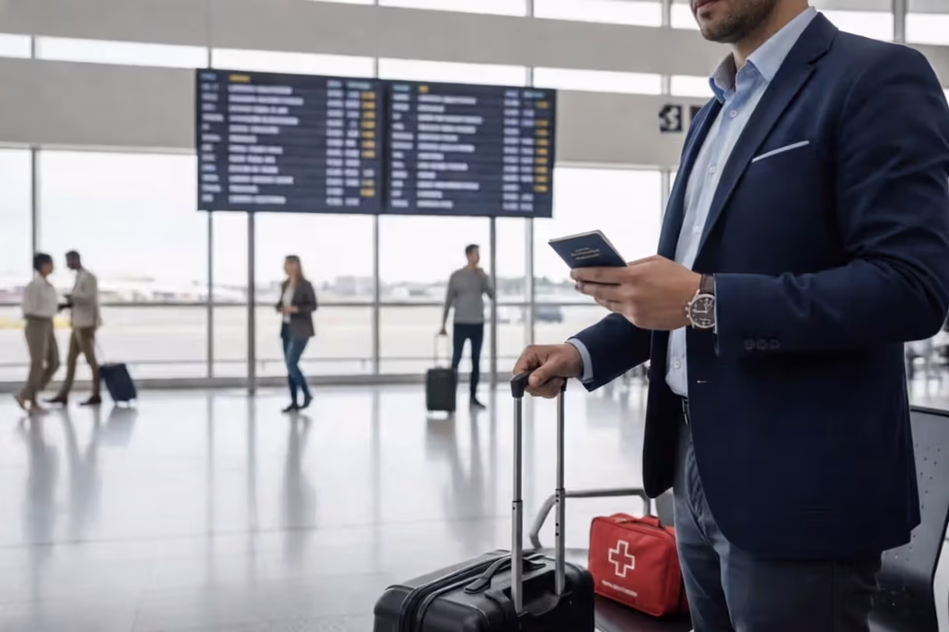 Traveler at airport checking travel medical insurance before an international trip