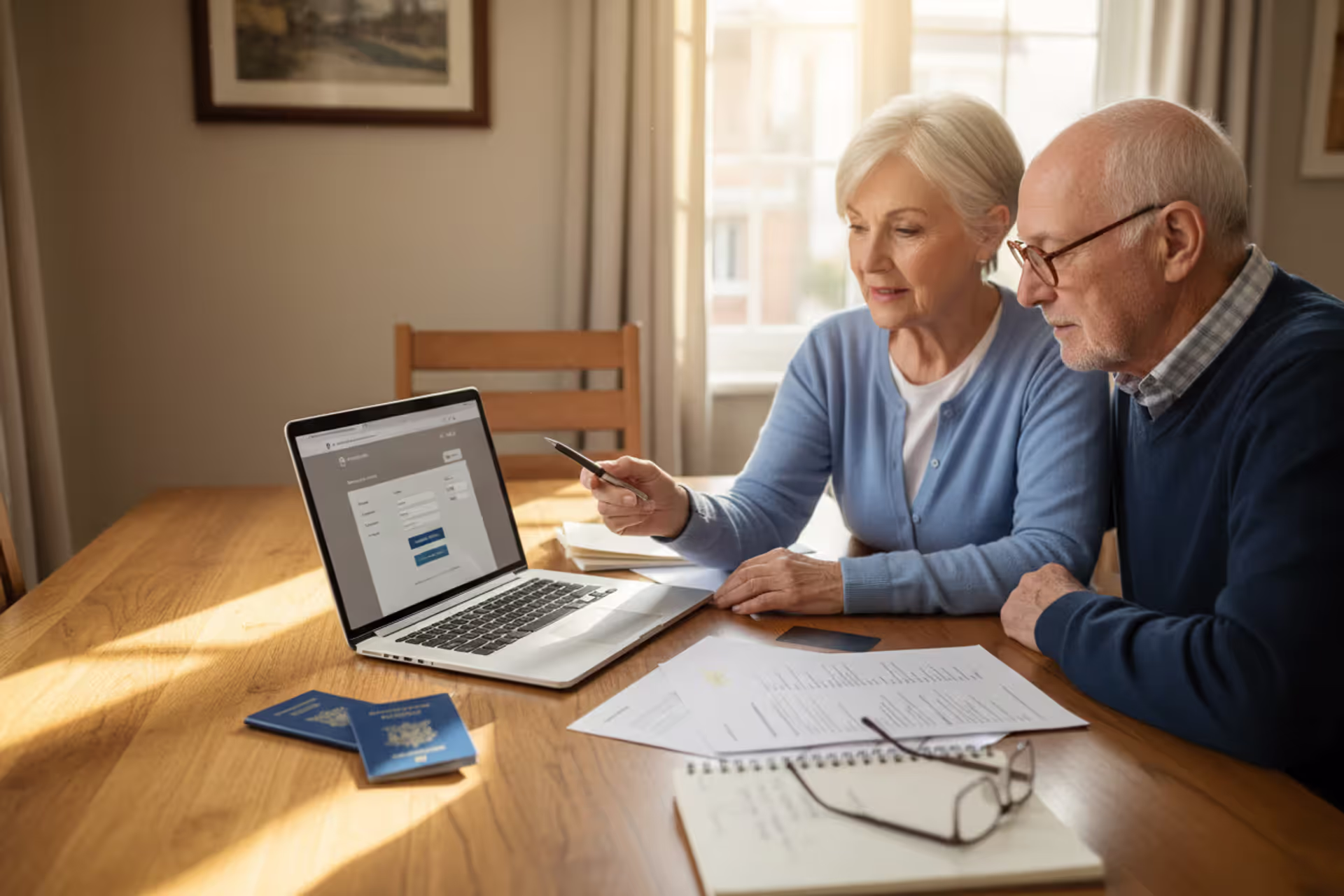 Senior couple planning an international trip at home with travel documents and laptop