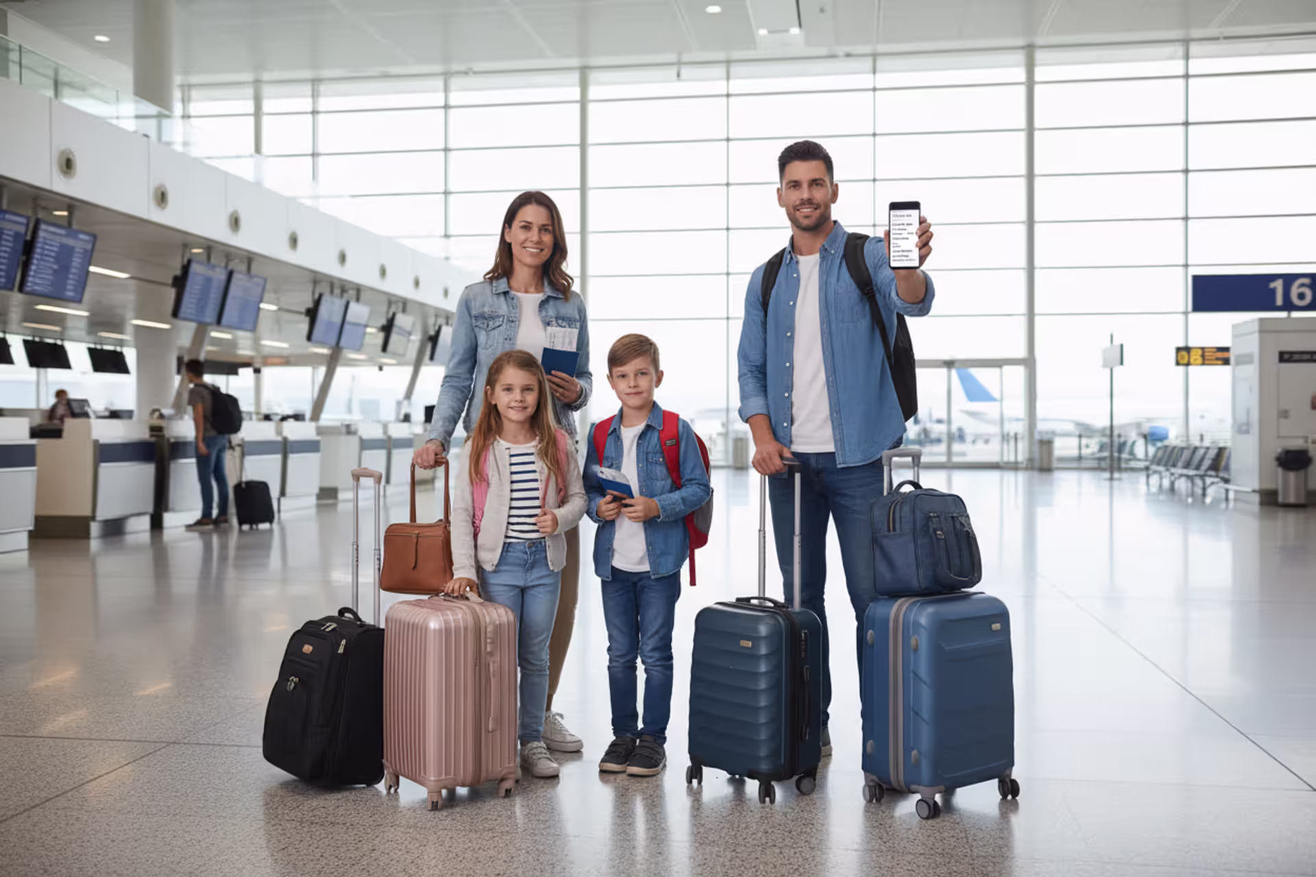 Family of four preparing for travel at an airport terminal