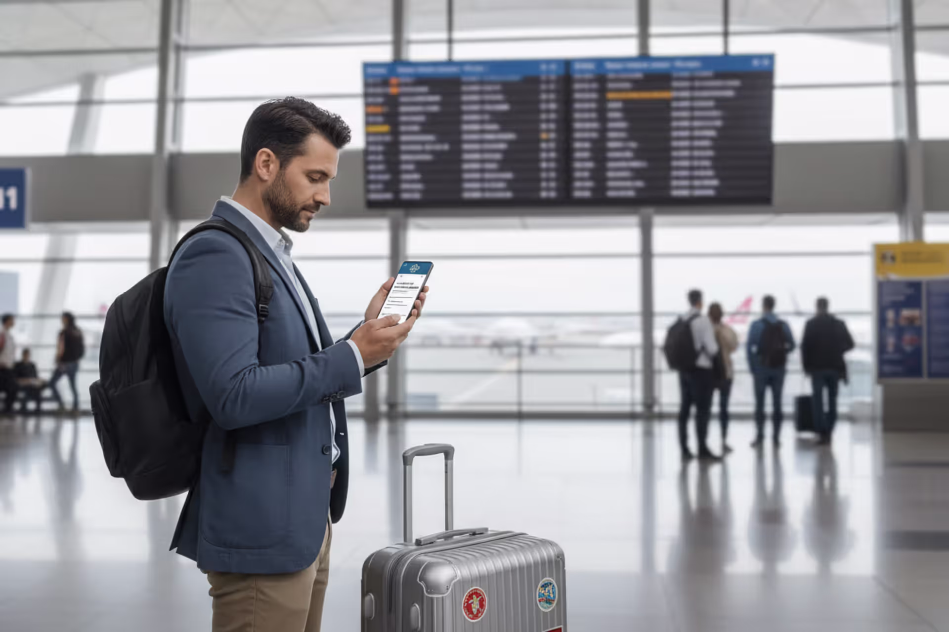 Traveler reviewing travel medical insurance on smartphone at airport