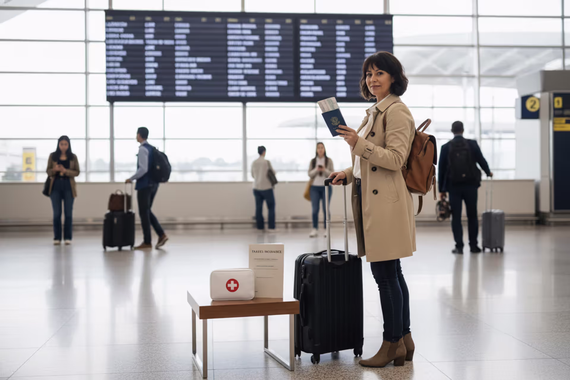 Female traveler at an international airport with travel insurance documents