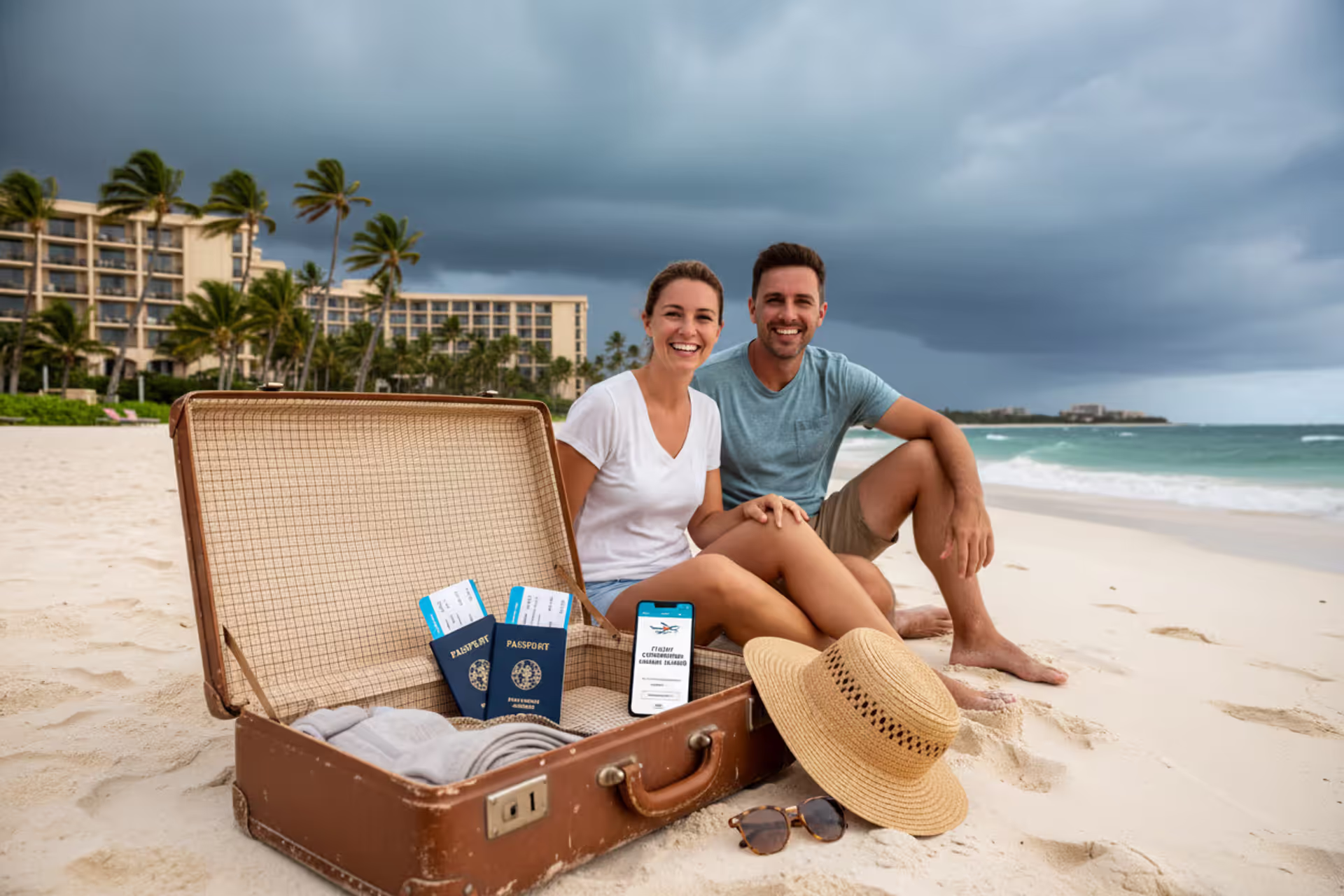 Travelers planning a beach vacation with storm clouds approaching a coastal resort