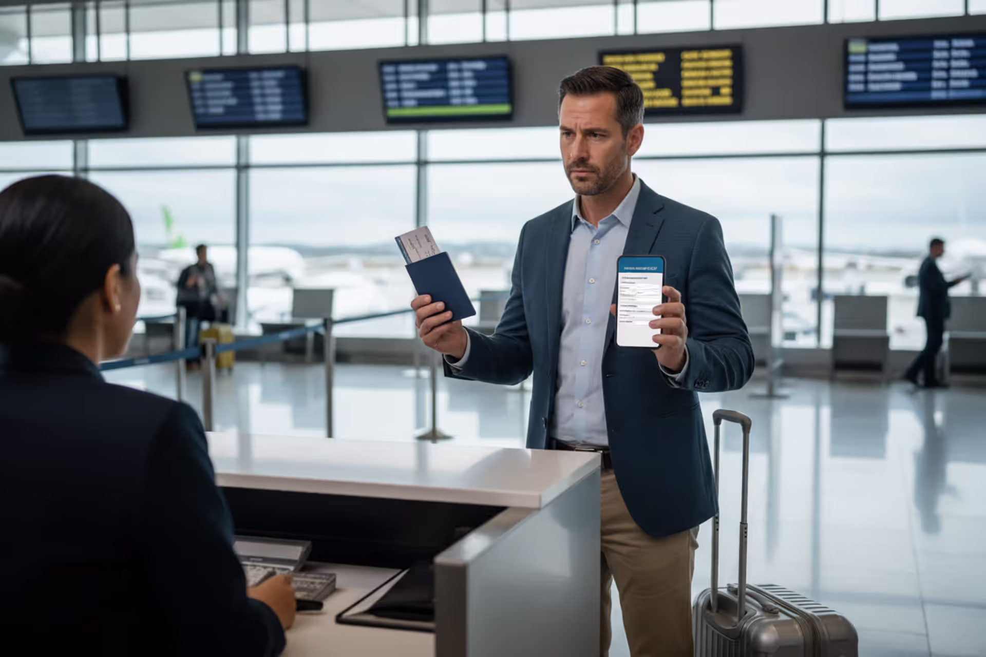 Traveler at airport check-in reviewing travel insurance policy on smartphone