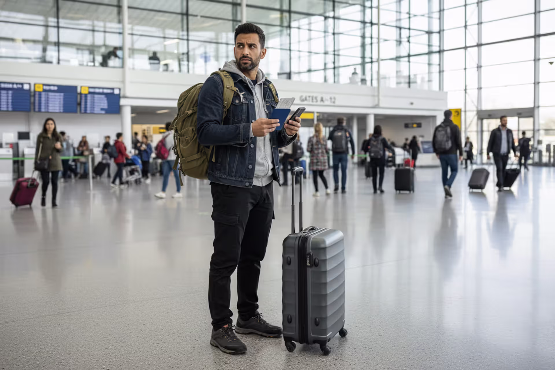 Traveler protecting personal belongings in an airport terminal