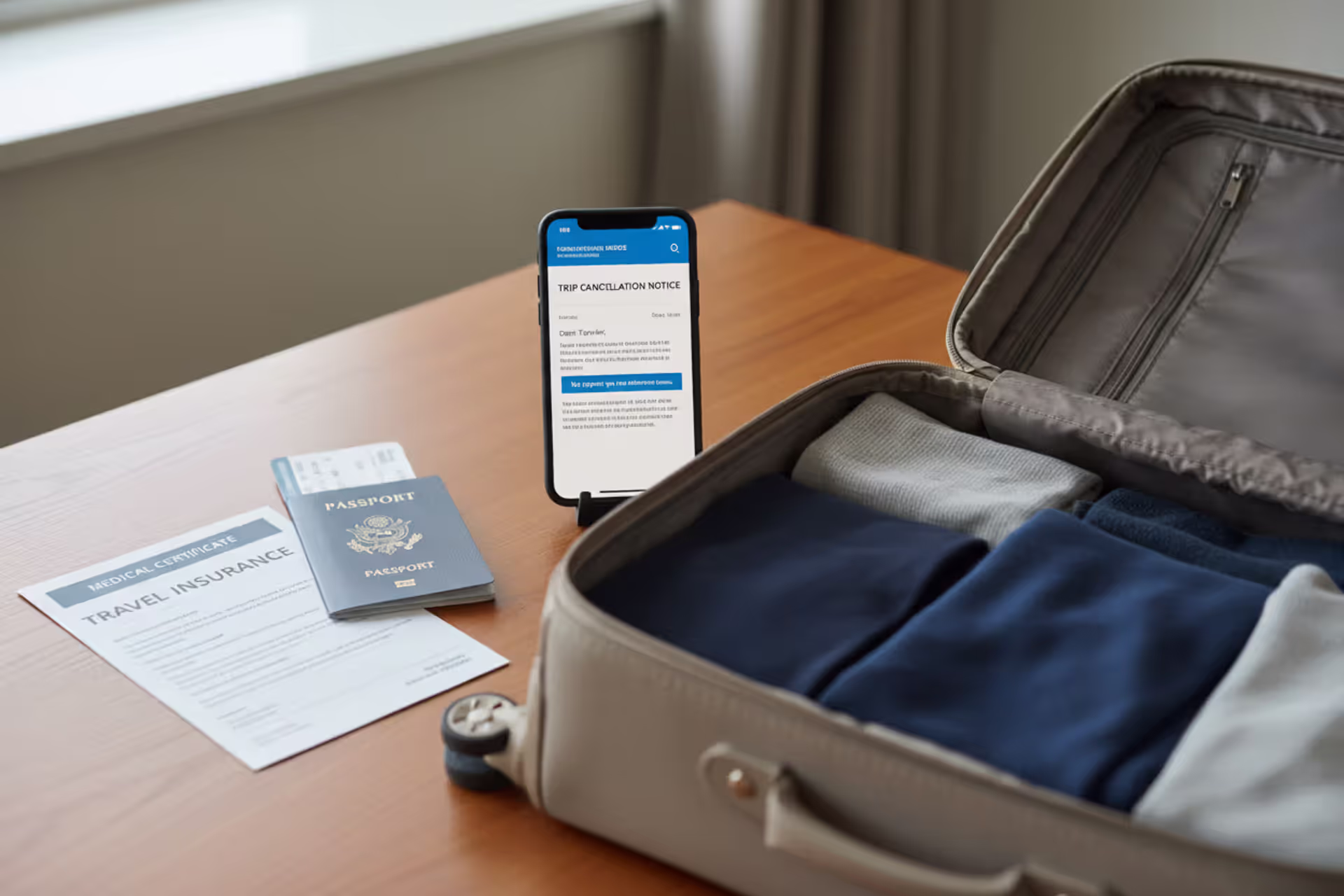 Travel insurance documents and canceled trip planning items on a table