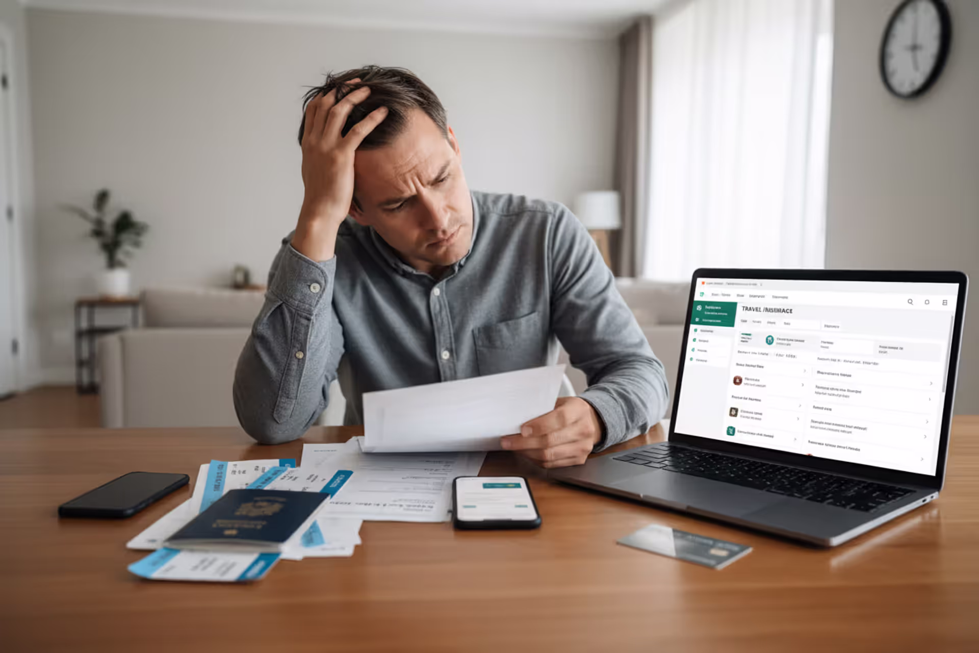 Traveler reviewing trip bookings and travel insurance documents at home