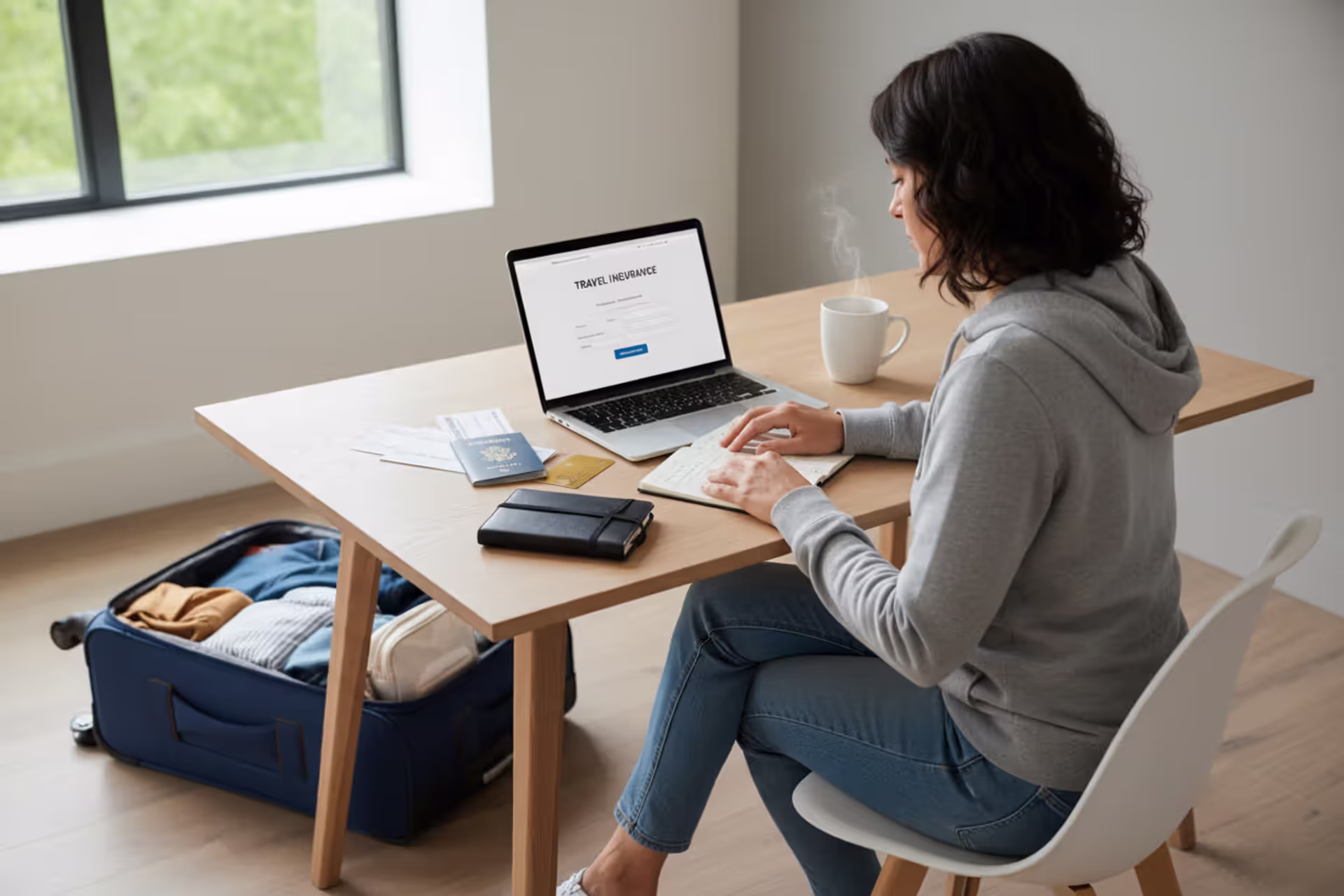 Traveler comparing travel insurance options before a trip