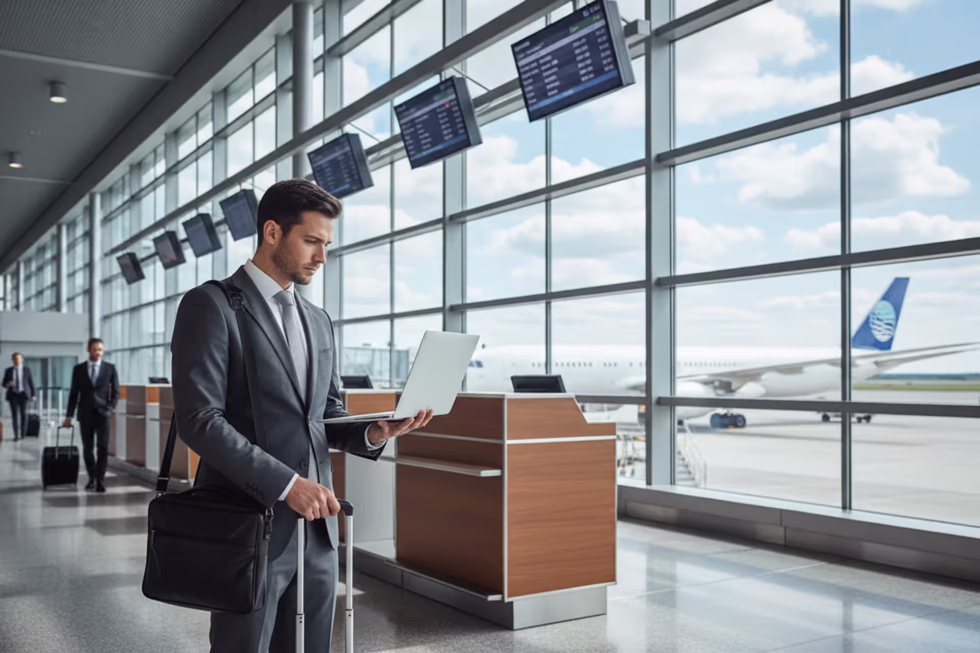 Business traveler at airport with carry-on luggage and laptop