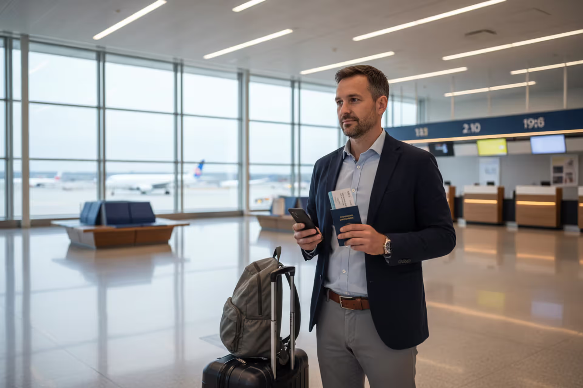 Traveler holding passport, boarding pass, and travel insurance policy at airport