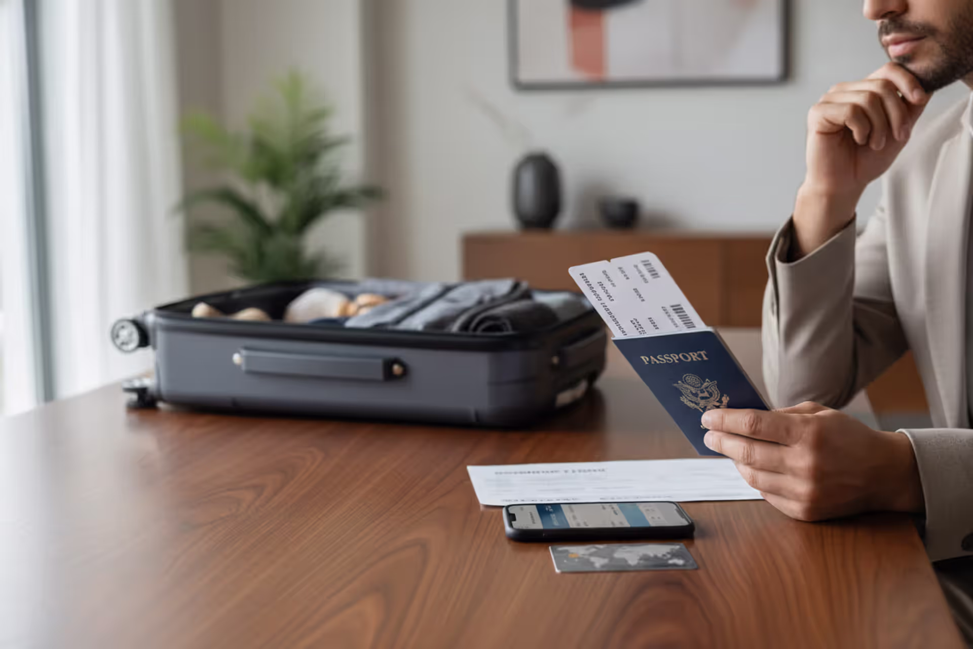 Traveler reviewing travel documents, passport, and insurance before a trip